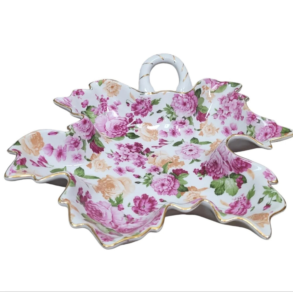 Royal Danube Yellow Pink Floral Chintz Leaf Shape Tray